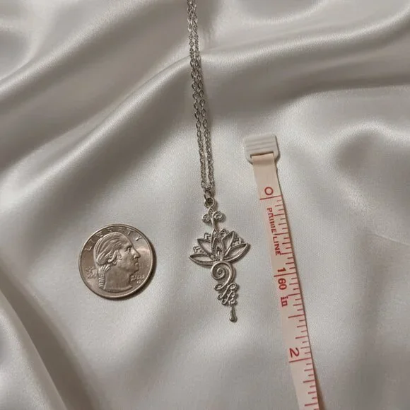 Lotus Flower Unalome Pendant Necklace Silver Tone NWOT - Picture 3 of 7